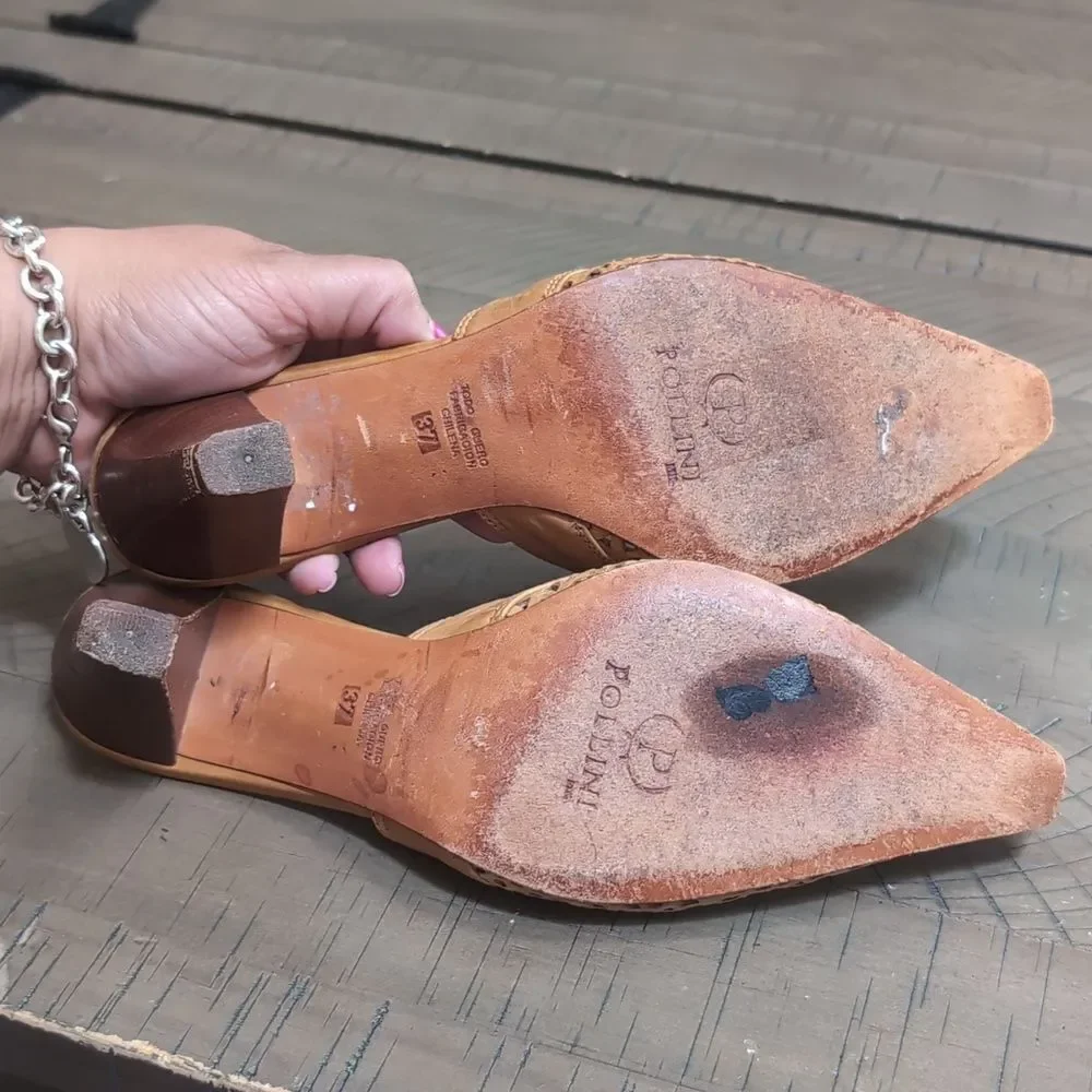 Pollini Leather Laser Cut Tan Leather Heeled Pointer Mules Sz 37